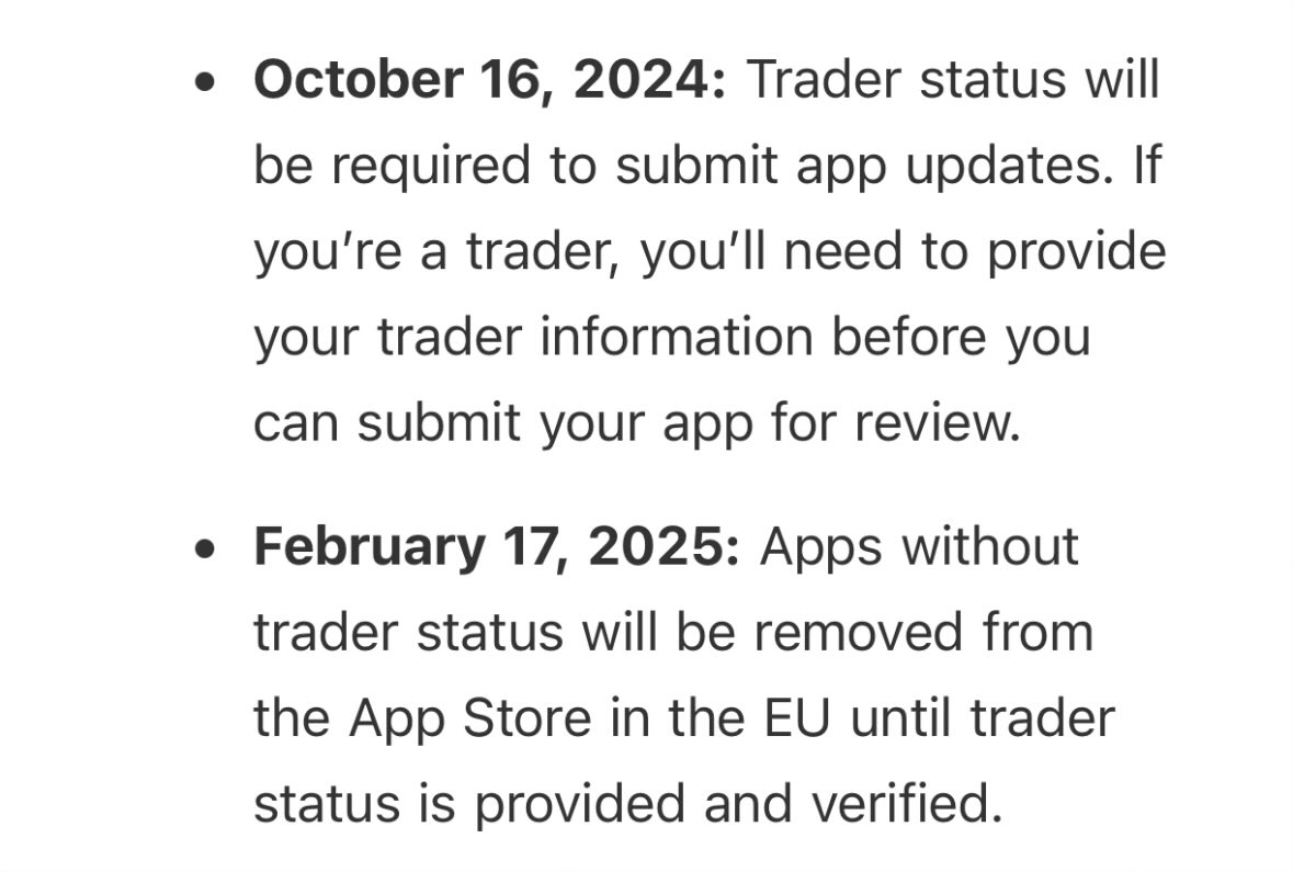 edouard_iosdev's tweet image. Apple is slowly tightening the bolts with this whole EU Trader status compliance.
I need to figure out a way to not have my home address publicly visible on the AppStore.
Oct 16: no more updates without trader status
Feb 17: Apps removed in the EU
#ASC #AppleDeveloper
