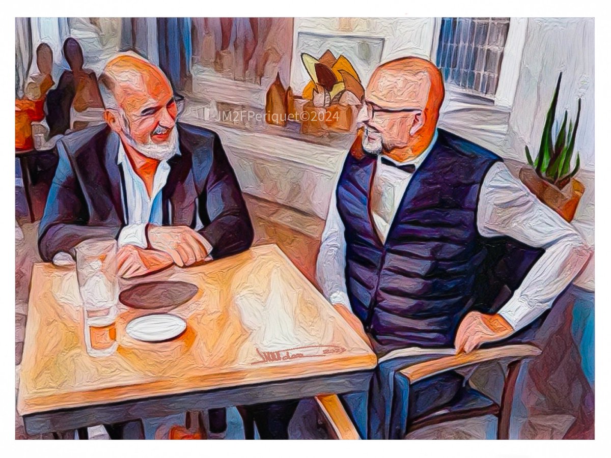 “Encuentro en el Jamaica”, esta obra fruto de puro #jm2fperiquetart, ¿quien sabe si algún día formará parte d alguna pinacoteca dl mundo? 🌍 
Mientras tanto, aquí les dejo a los 2 protagonistas: 
<a href="/CHEMA_AYASO/">José María Ayaso</a> y <a href="/jm2fperich/">Miguel Periquet</a>

#artwork #contemporaryart #digitalartoncanvas #modernart