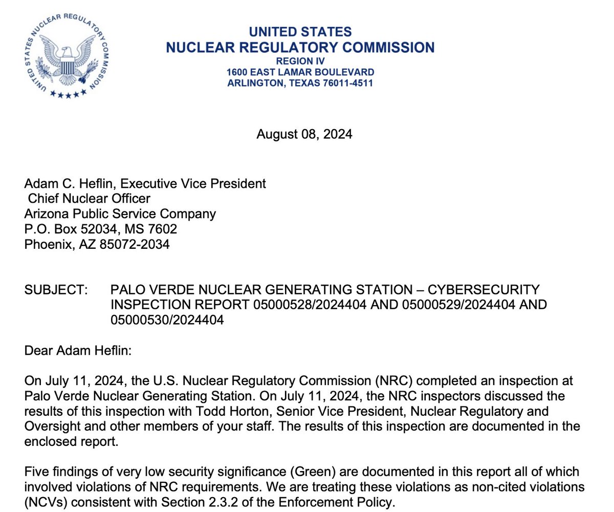 NotCommission's tweet image. Nuclear Regulatory commission has found six safety violations on the Palo Verde nuclear plant.
nrc.gov/docs/ML2422/ML…