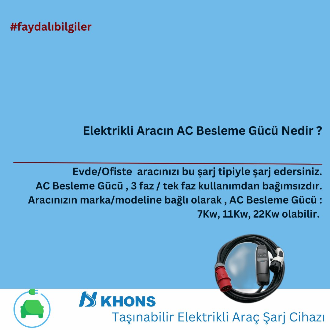 Evde/Ofiste aracınızı Elektrikli Aracın AC Besleme Gücü İle Şarj Edersiniz? Evde/Ofiste aracınızı bu şarj tipiyle şarj edersiniz. AC Besleme Gücü , 3 faz / tek faz kullanımdan bağımsızdır. Aracınızın marka/modeline bağlı olarak , AC Besleme Gücü :7Kw, 11Kw, 22Kw olabilir.  #khons
