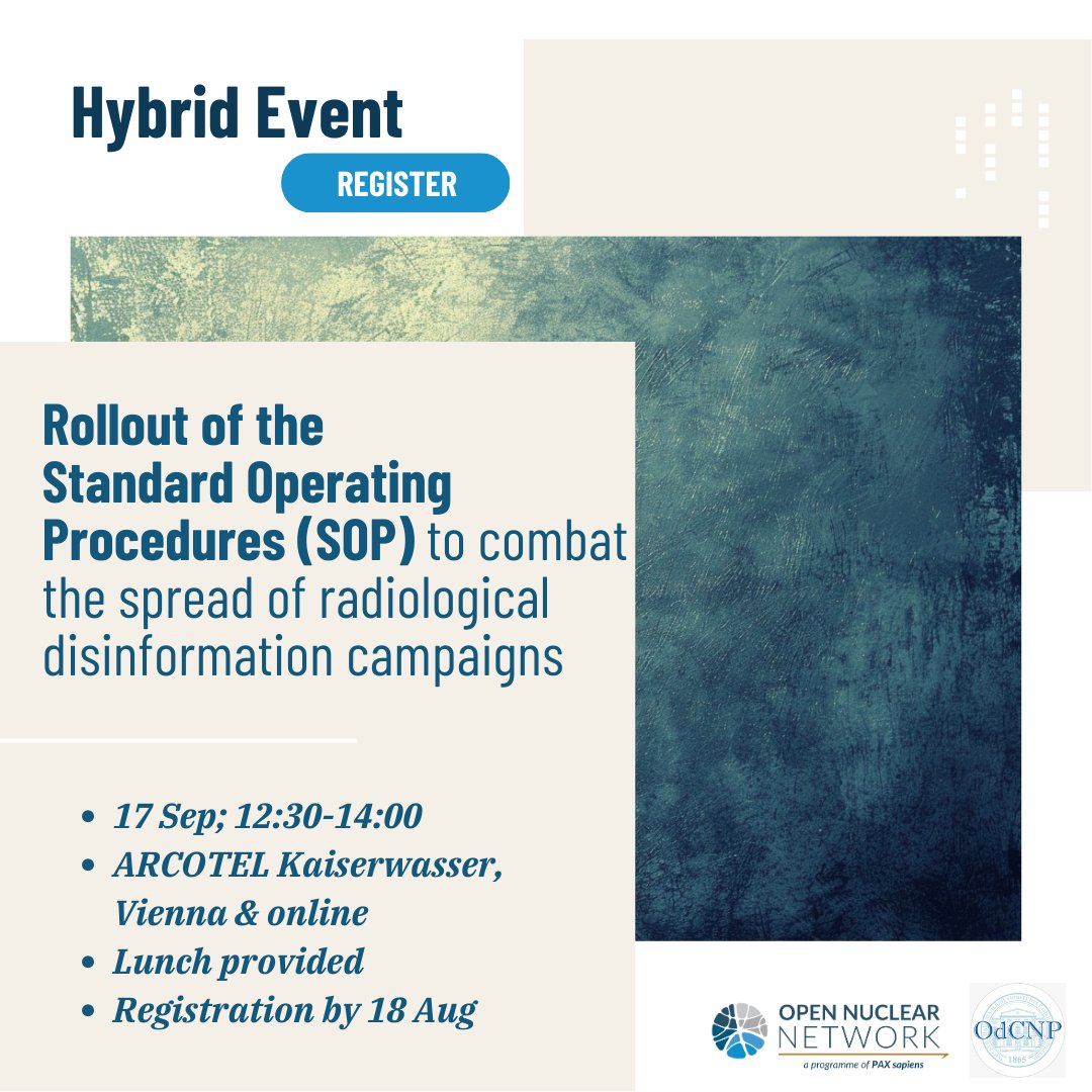 Open Nuclear Network (@opennuclear) on Twitter photo 🚨Only2⃣days left to register for the <a href="/odcnp/">Odesa Center for Nonproliferation: OdCNP</a> & <a href="/OpenNuclear/">Open Nuclear Network</a>'s rollout of the SOP designed to combat the radiological #disinfo by providing an algorithm to anticipate, detect, analyse & counter disinformation.
📅Sep 17, 12:30-14:00
Register by 18 Aug: forms.gle/t2tZsbkHaRU5Ru… 🚨Only2⃣days left to register for the <a href="/odcnp/">Odesa Center for Nonproliferation: OdCNP</a> & <a href="/OpenNuclear/">Open Nuclear Network</a>'s rollout of the SOP designed to combat the radiological #disinfo by providing an algorithm to anticipate, detect, analyse & counter disinformation.
📅Sep 17, 12:30-14:00
Register by 18 Aug: forms.gle/t2tZsbkHaRU5Ru…