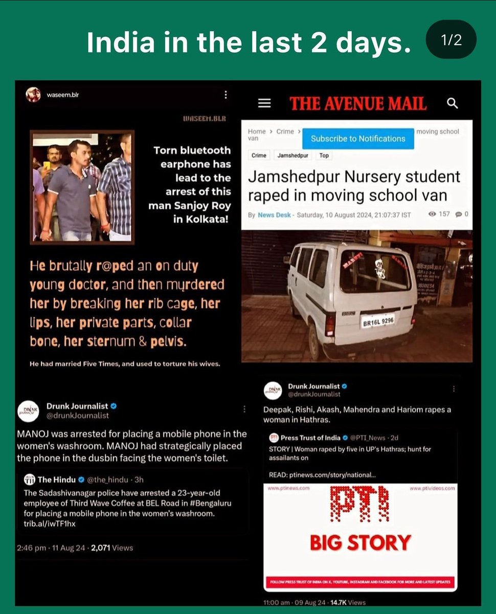 taehoe07's tweet photo. @vryjkof Can you please raise your voice what's happening in India? This is just the rape cases in August 
I want the world to know how horrible indian men are ..3yo girl raped by 9 grade, daughters raped by fathers, a students was raped by van driver, a woman was gangraped by her friends https://t.co/FqubOAU12D