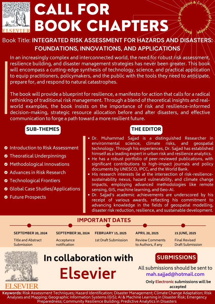 Call for book chapters. 

Please send your Title and Abstract submission is Sep. 20, 2024. 

Also, help spread the call among your network.

#callforbookchapter #research #riskanalysis #disasters #resilience #climatechange #climateadaptation