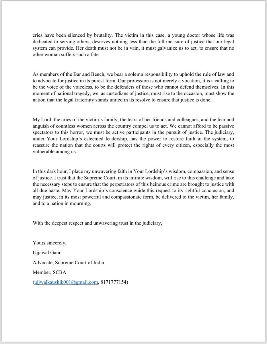 ujjawalgaur_'s tweet photo. In the pursuit of justice, silence is not an option. 

Urgently appealed to the Hon’ble Chief Justice of India to take Suo Motu cognizance of the horrific rape and murder of a young doctor in Kolkata. We must act NOW to ensure justice is swift, unyielding, and exemplary. We owe it to her, to her family, and to every woman who lives in fear, our nation’s soul depends on it.

#KolkataDoctor #JusticeForMoumita #SupremeCourtOfIndia