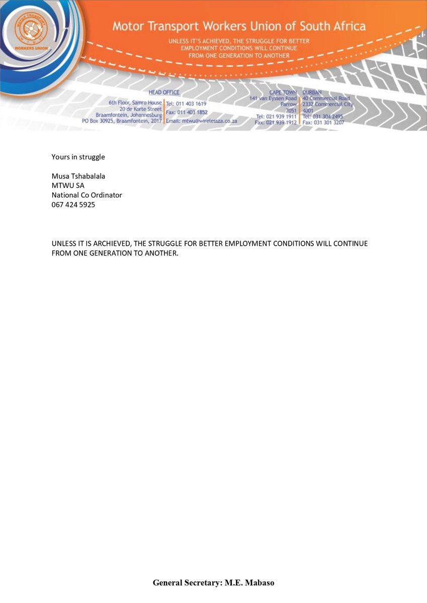 FEDUSAMedia's tweet image. The Motor Transport Workers Union (MTWU), FEDUSA affiliate, will be holding its 5th National Congress on the 28th – 30th August 2024 at Honeydew (Johannesburg), Gauteng.

#MTWUCongress #MTWU #FEDUSACARES