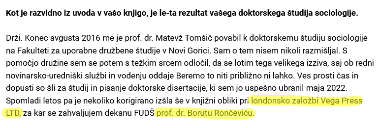 DrzavljanD's tweet photo. Joj, pa še ena smešnica. V tekstu lahko beremo, da so mu doktorat objavili pri založbi Vega Press LTD v Veliki Britaniji in da mu je to uredil Borut Rončević.
No, izkaže se, da je to njegova založba. #rofl #pofl https://t.co/LnkyEiQIHP