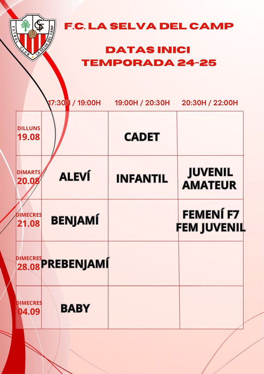 La setmana vinent comencem amb els entrenaments de la temporada 2024 - 2025.
Aquí teniu les dates d’inici de les diferent categories.

La próxima semana empezamos con los entrenamientos de la temporada 2024 - 2025.
Aquí tenéis las fechas de inicio de las diferente categorías.