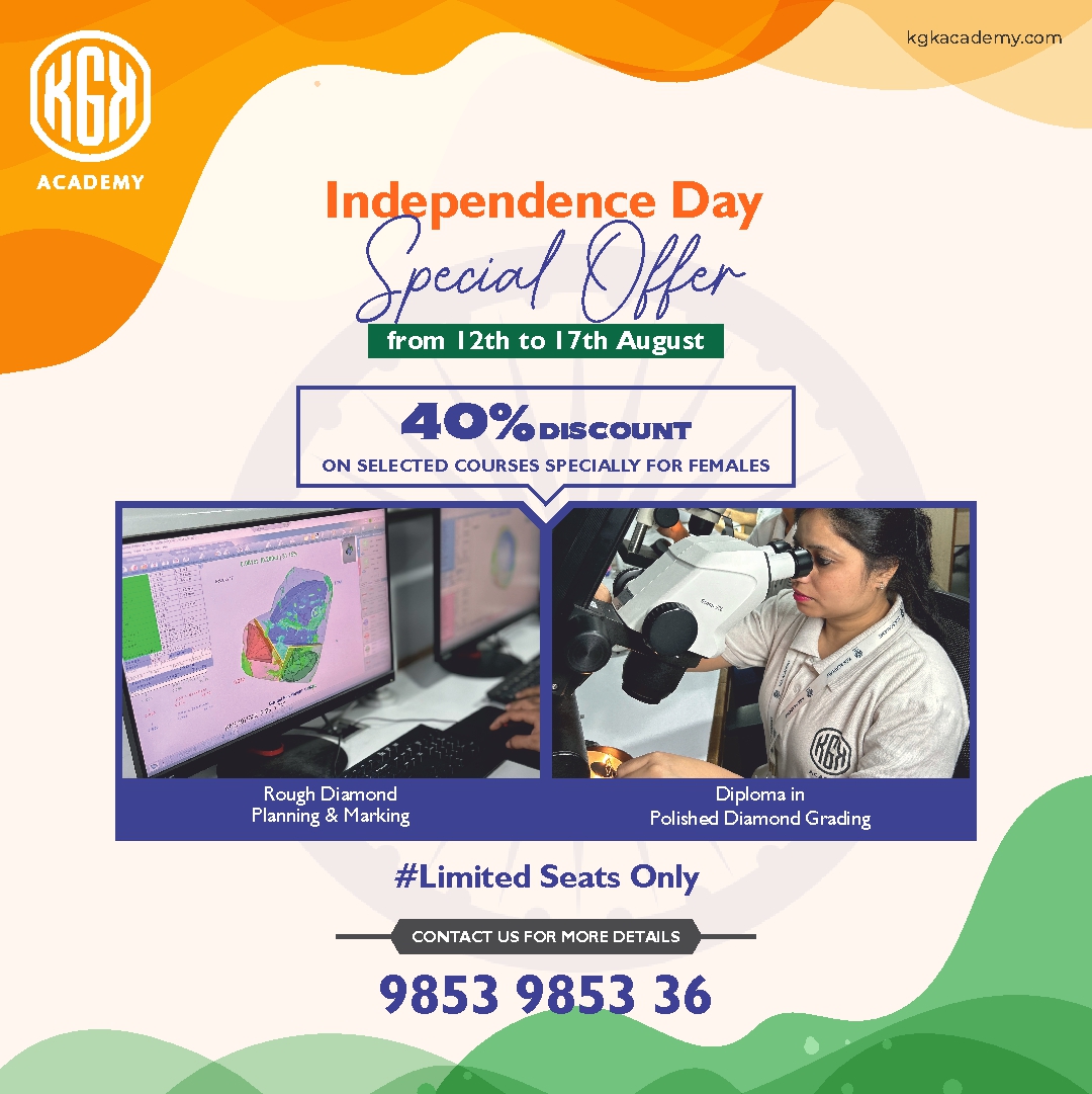 KgkAcademy's tweet photo. Independence Day Special at KGK Academy! 🇮🇳
Unlock your potential in the world of diamonds with a 40% discount on selected courses, exclusively for females!

Offer valid from 12th to 17th August!

 Limited seats available!

📞 Contact us now for more details: 9853 9853 36 https://t.co/2SLIGpnwwE