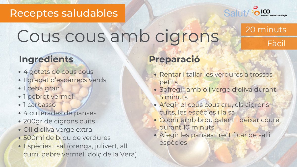 ICO_oncologia's tweet photo. Els llegums són un grup d’aliments molt valuós des del punt de vista nutricional, per això et proposem per dinar aquesta #recepta #saludable i fàcil de fer de cous cous amb #cigrons.
Bon profit! https://t.co/RAXoSELCeO
