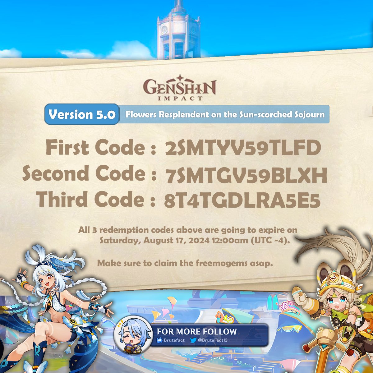 BruteFact13's tweet photo. Version 5.0 Livestream Codes  

Code 1: 2SMTYV59TLFD 
Code 2: 7SMTGV59BLXH 
Code 3: 8T4TGDLRA5E5  
Direct Links- 
Code 1: https://t.co/TzMyxLLxON
Code 2: https://t.co/B6Q9N7kz9A
Code 3: https://t.co/xIWHIE3Rhj
#GenshinNatlan #GenshinImpact #Natlan https://t.co/Bq8dJr6WgK