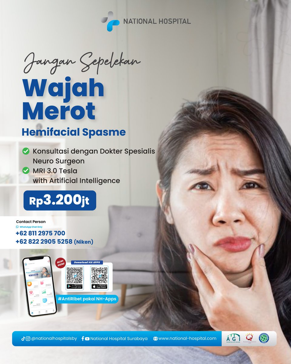 Wajah merot bisa jadi Hemifacial Spasme.
Hemifacial Spasme bersifat kronis dan bisa saja memberat lho. Pesan skrining wajah merot sekarang juga di National Hospital Rp 3.200.000; 
#NationalHospital