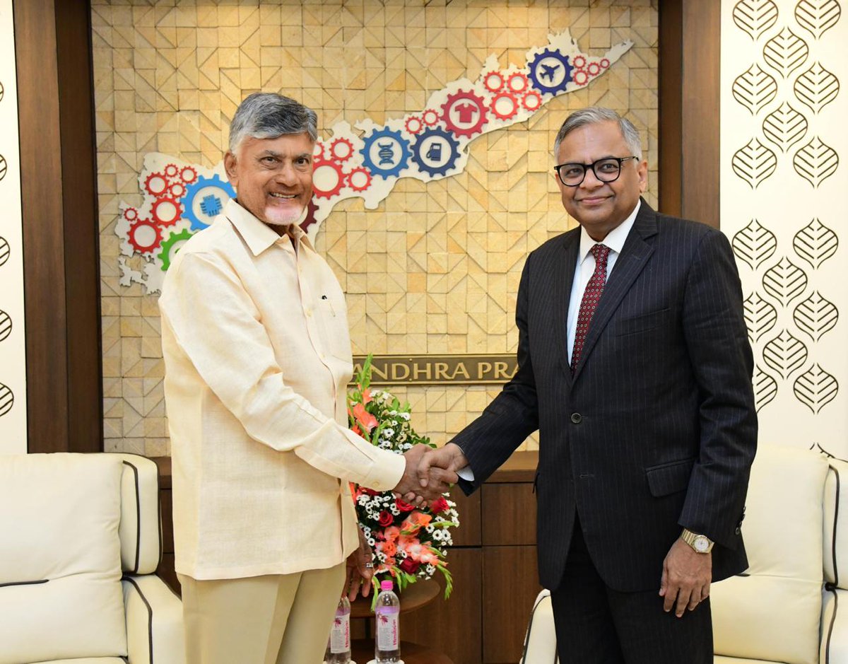 ncbn's tweet photo. I had a great meeting with my old friend, the Chairman of Tata Sons, Mr. Natarajan Chandrasekaran in Amaravati today. The GoAP is forming a Task Force for Economic Development of Swarna Andhrapradesh @ 2047 with intellectuals & industry leaders as its members. I'm delighted to announce that Mr Chandrasekaran will co-chair this Task Force. 

I'm also pleased to inform that @TataCompanies has agreed to be a partner in the Centre for Global Leadership on Competitiveness (GLC) to be set up by CII in Amaravati. We explored the opportunity of setting up @TCS's development centre in Vizag, enhancement of AP's air connectivity with Air India and Vistara, and various other partnerships across multiple sectors.

#MakeInAndhraPradesh