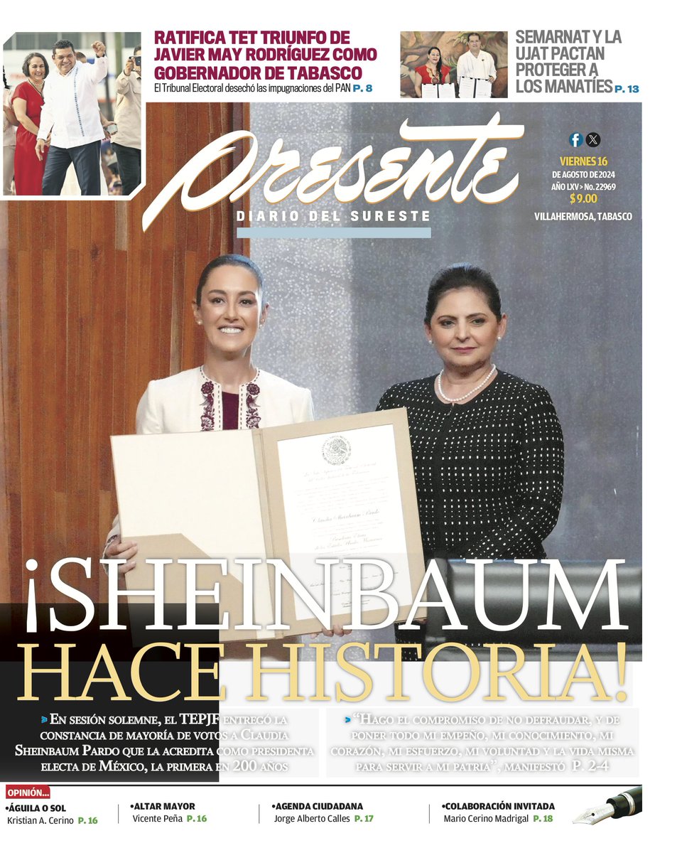 DiarioPresente's tweet photo. #PortadaPresente 🗞: ¡Sheinbaum hace historia!
➡ https://t.co/QNI7zpizz7 https://t.co/mW27P7C7L1