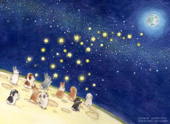 #うさぎさんと七夕の約束 うさぎさんは夜空を見上げぎゅっとにぎりしめていたお星さまからゆっくりと手をはなします。たくさんの願いをのせたお星さまはふわふわと夜空へうかんでいき天の川となってまたたきました。 