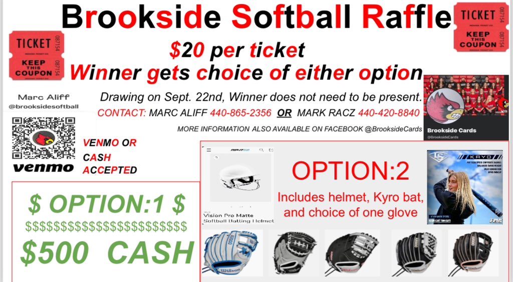 Brookside Softball is doing a quick fundraiser for some nice softball equipment or the cash option of $500. Please contact Marc Aliff @4408652356 or Mark Racz @4404208820.