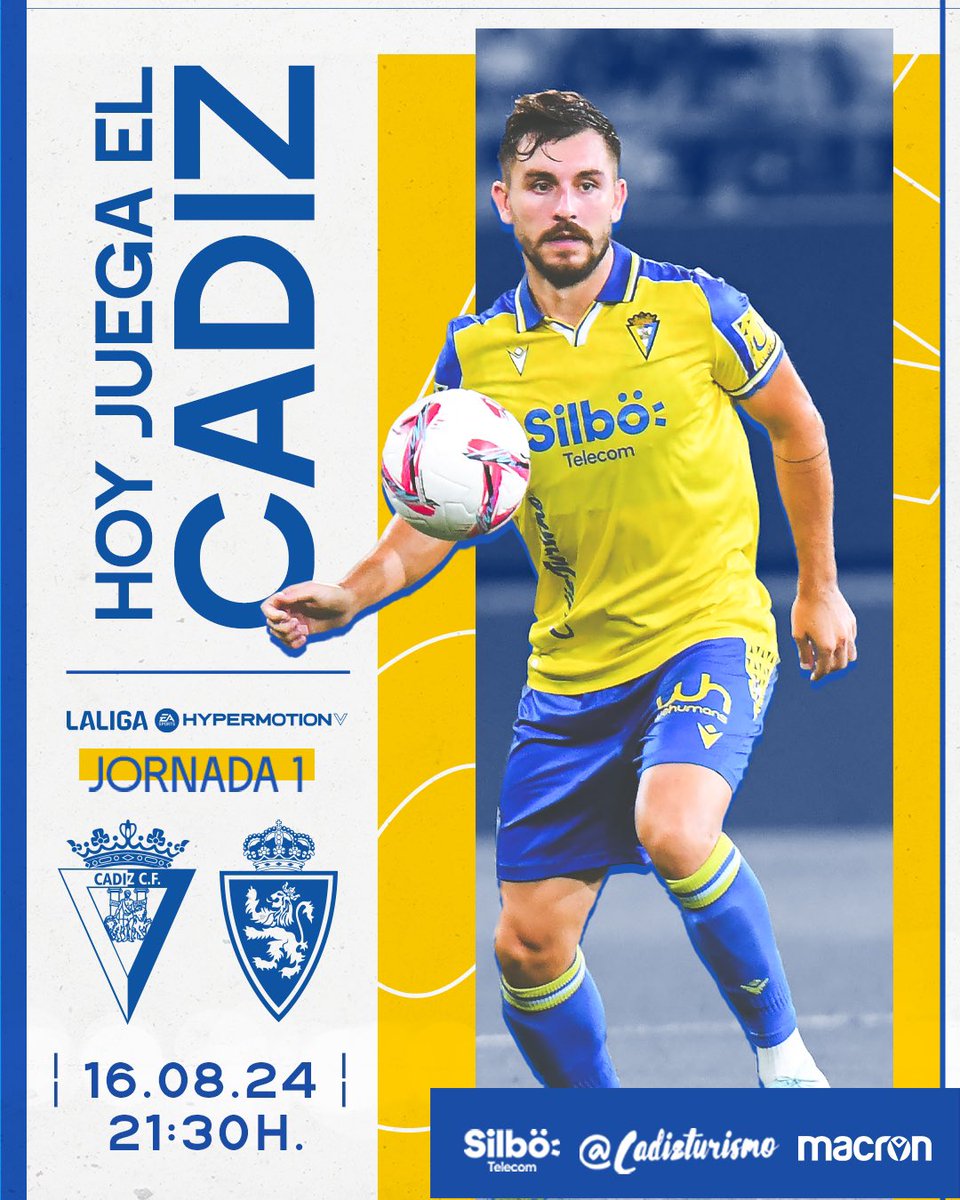 💛💙 #MatchDay 

Damas y caballeros, ¡HOY VUELVE LA COMPETICIÓN!

💛 ¡HOY JUEGA EN CASA EL CÁDIZ CLUB DE FÚTBOL!

🆚 <a href="/RealZaragoza/">Real Zaragoza</a> 
📌 Jornada 1 de #LALIGAHYPERMOTION 
⏰ 21:30 horas
📻 plaiz.cadizcf.com
📺 <a href="/LaLiga/">LALIGA</a> TV y <a href="/MovistarFutbol/">MovistarFútbol</a> 
#⃣  #CádizRealZaragoza

#VamosCádiz