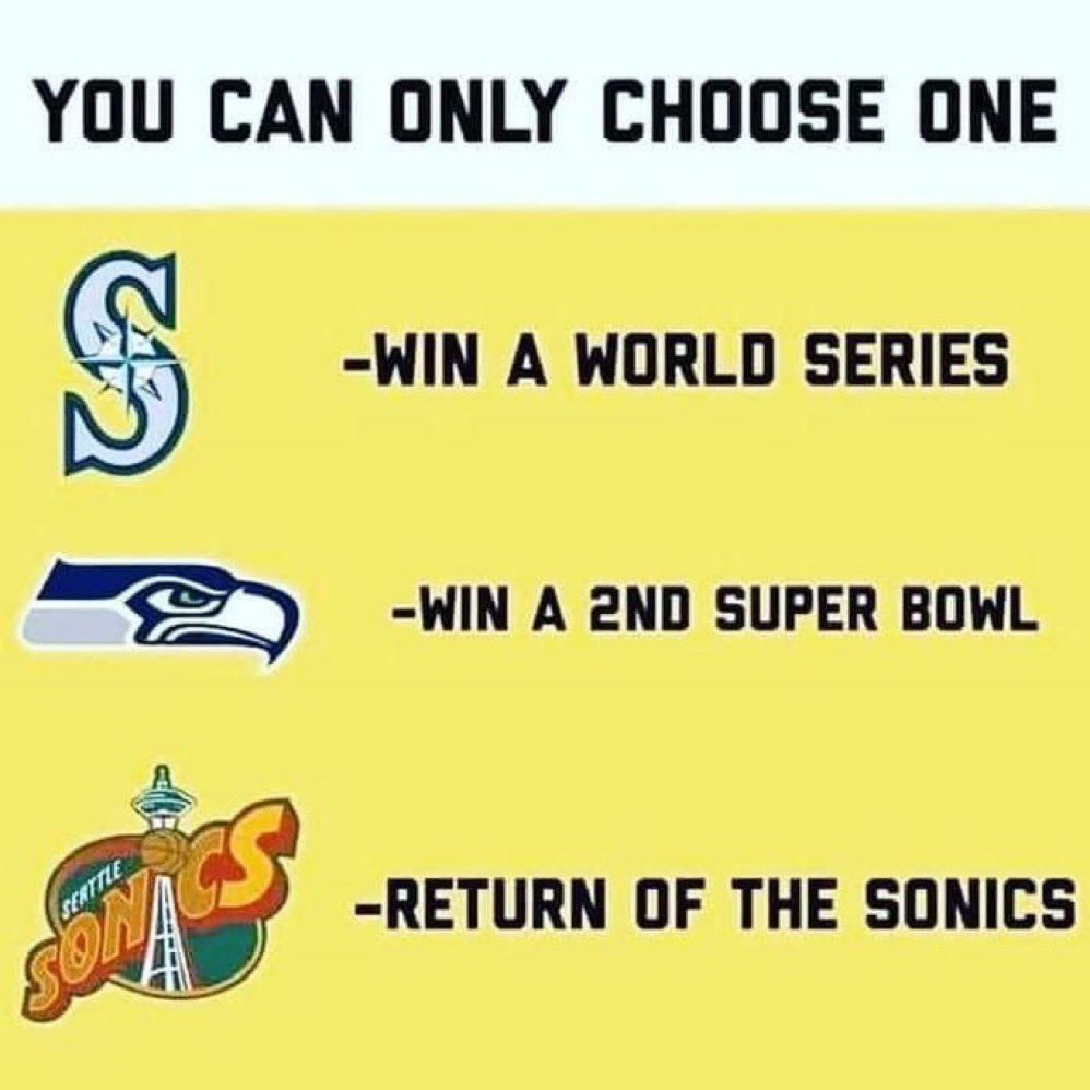 SeattleONTap's tweet photo. Bringing this back. Pick ONE of these Seattle magical moments to happen: 

- Mariners World Series (@MarinersONTap)
- Seattle Seahawks 2nd Super Bowl WIN
- Bring Back The Seattle Sonics (@SonicsONTap) https://t.co/Of4JMhhH5N