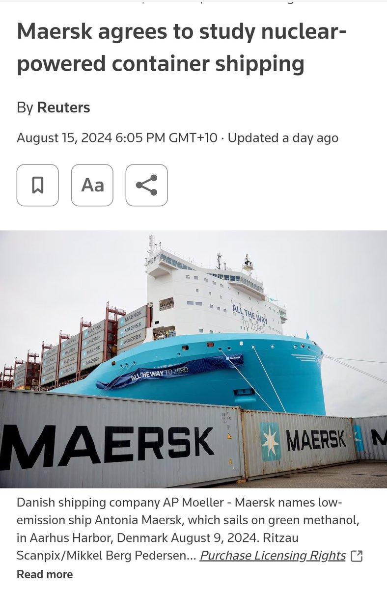 Shipping giant Maersk is investigating nuclear propulsion as a means to decarbonise shipping.

They believe it could be achievable within 10 years, based on current technology and regulations.

We encourage governments to collaborate with shipping firms to accelerate the
