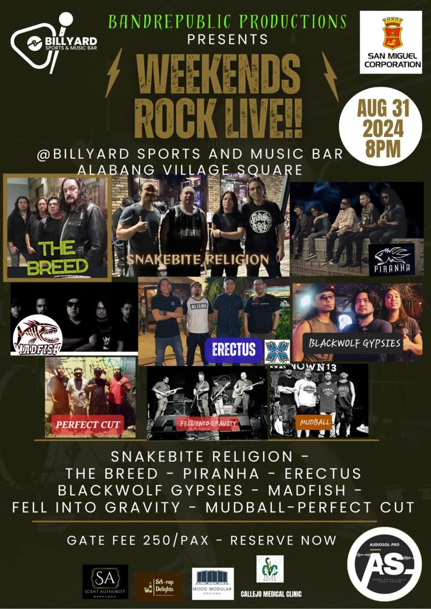 BANDSCAPES's tweet photo. ⚡ WEEKENDS ROCK LIVE‼ ⚡ Aug. 31, 2024. 8PM @ Billyard Sports and Music Bar, Las Piñas City. 

featuring Snakebite Religion, The Breed, Piranha, Erectus, Black Wolf Gypsies, Madfish, Fell into Gravity, Mudball, and Perfect Cut!

https://t.co/Q2HCc7HdgK via @BANDSCAPES https://t.co/SL6ls16eP4