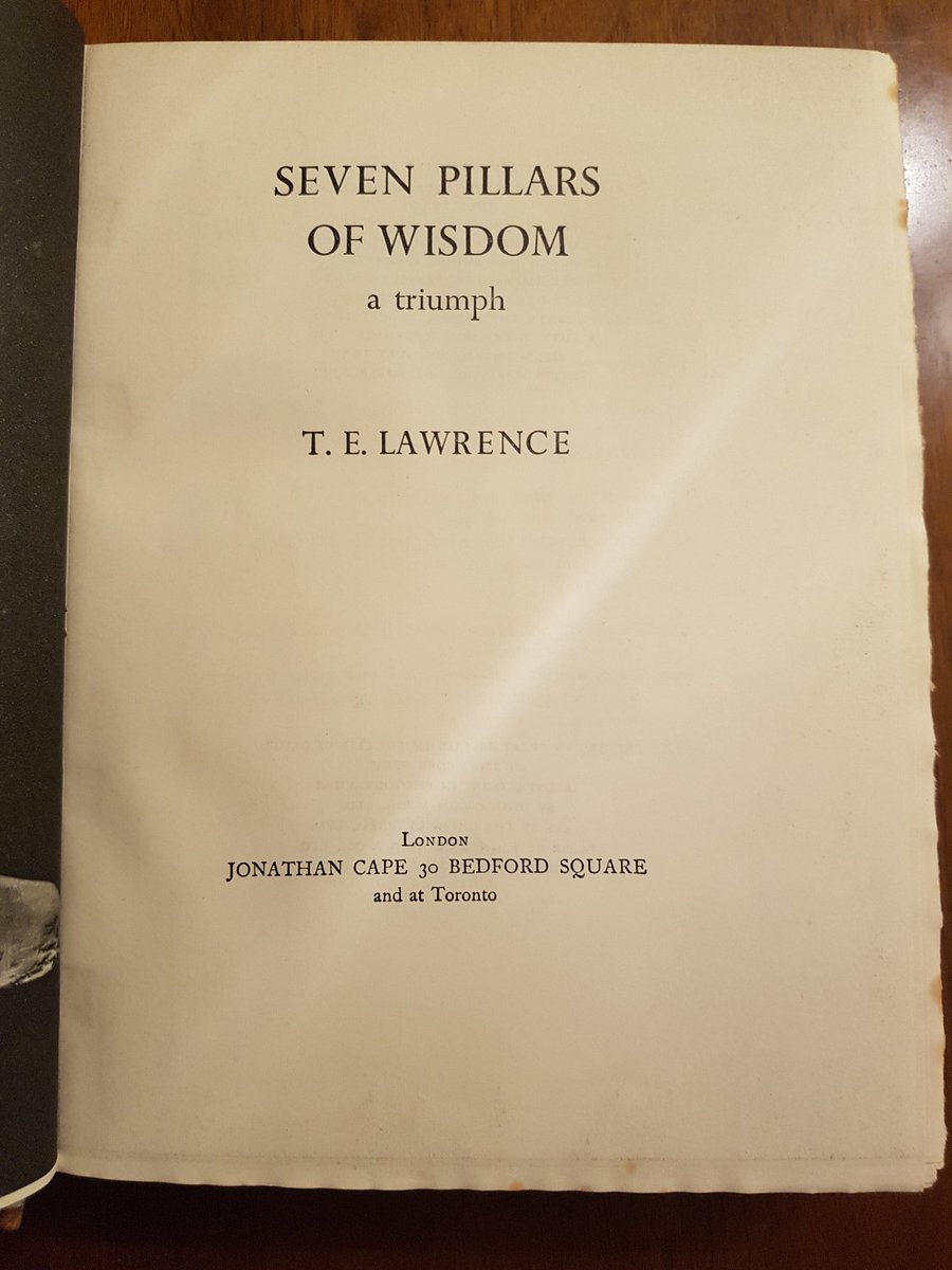 IanCallaway352's tweet photo. To mark the date of his birth in 1888 - my first edition #SevenPillarsOfWisdom. A thing of beauty. A piece of literary history. #TELawrence #LawrenceOfArabia. https://t.co/iER9iBc10c