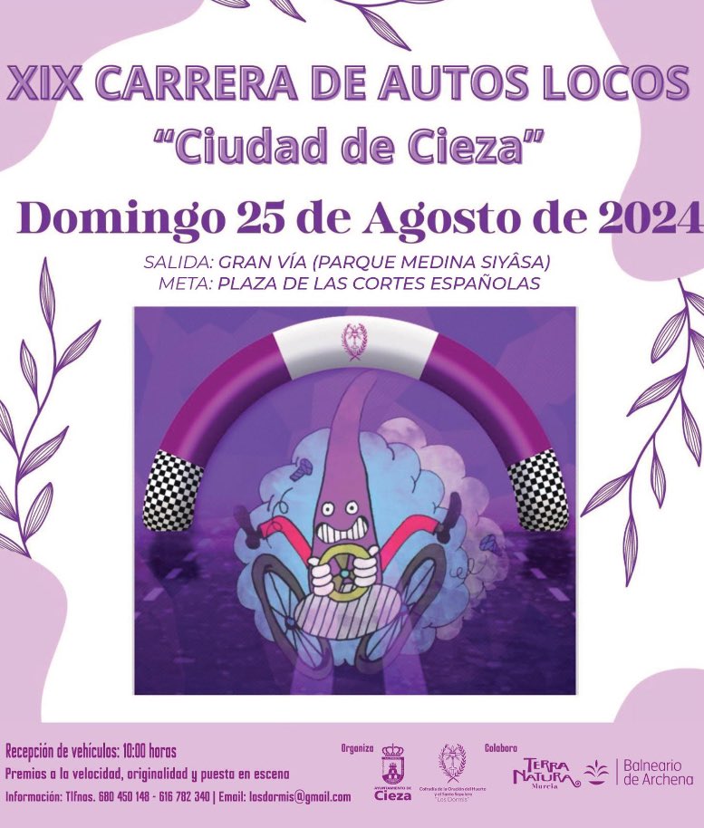NUEVA UBICACIÓN‼️ Este año los Autos Locos, debido a las obras del Camino Murcia, tendrán lugar en la Gran Vía . La salida será a la altura de Tele Pizza y meta en Cortes Españolas. ¡Os esperamos! #AutosLocos2024 #FeriadeCieza #losdormis2024