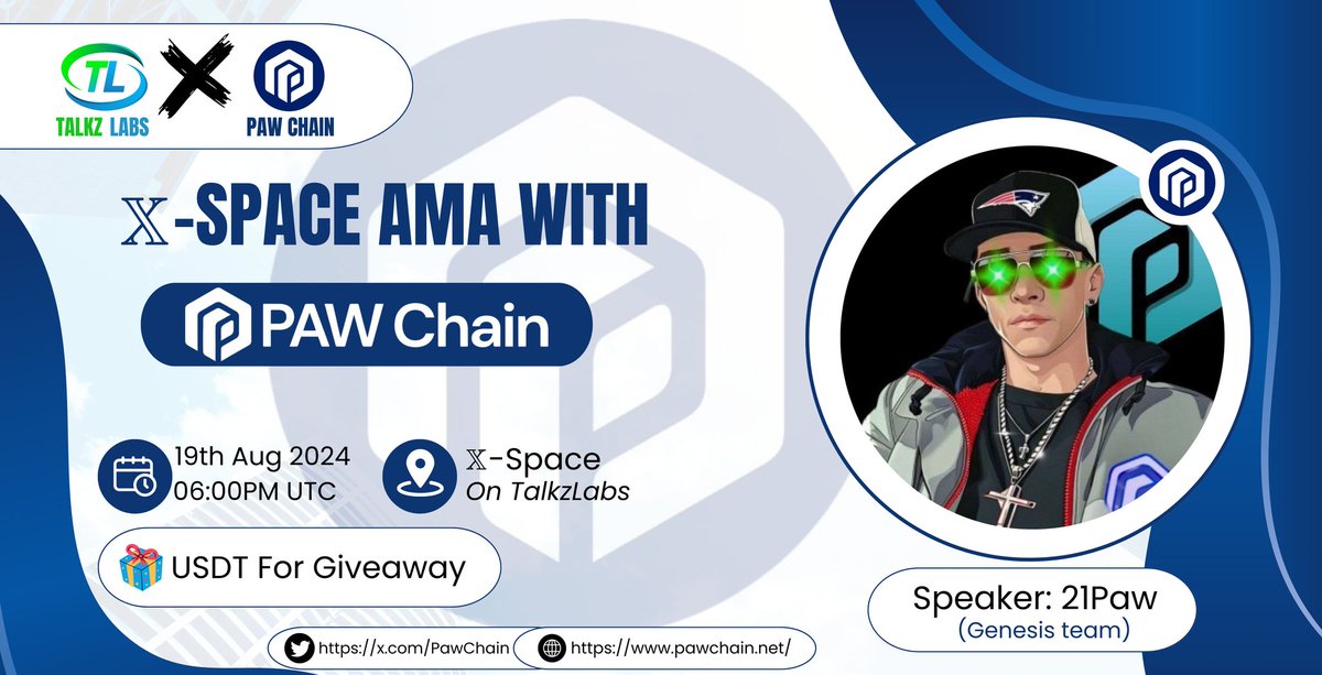 TalkzLabs's tweet image. We are thrilled to announce an Space AMA with @PawChain.

🎁Giveaway: $USDT
📅 19th August 
⏰ 06:00PM UTC
📍VENUE: x.com/i/spaces/1BRJj… 
🎗️(set your reminder)

💸 $USDT for the #Giveaway comment your questions And don't forget to follow @PawChain, @BuildOnPaw &amp;amp; @TalkzLabs !