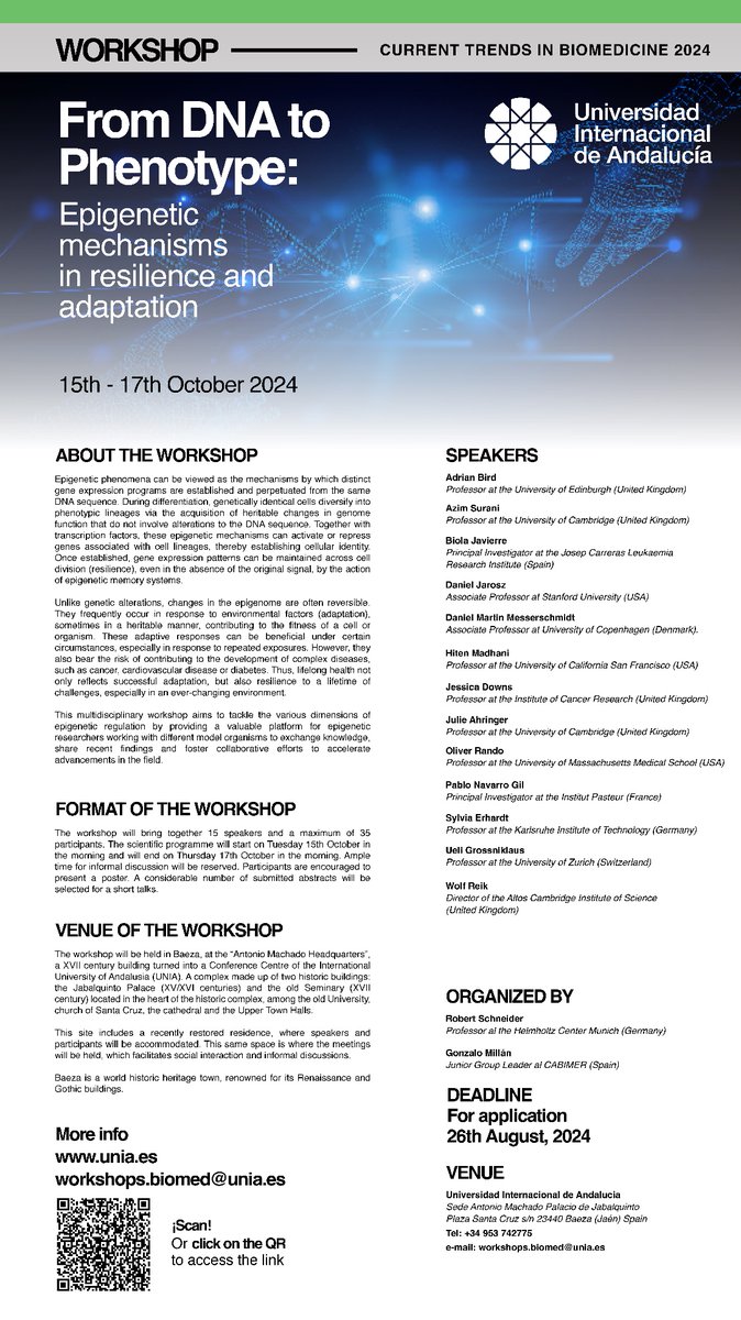 Still on time to apply for our Epigenetics Workshop at Baeza (Spain). Superb list of invited speakers and only 35 participants. Many short talk slots available. Great opportunity for young researchers to present their work and discuss with leaders in the field.