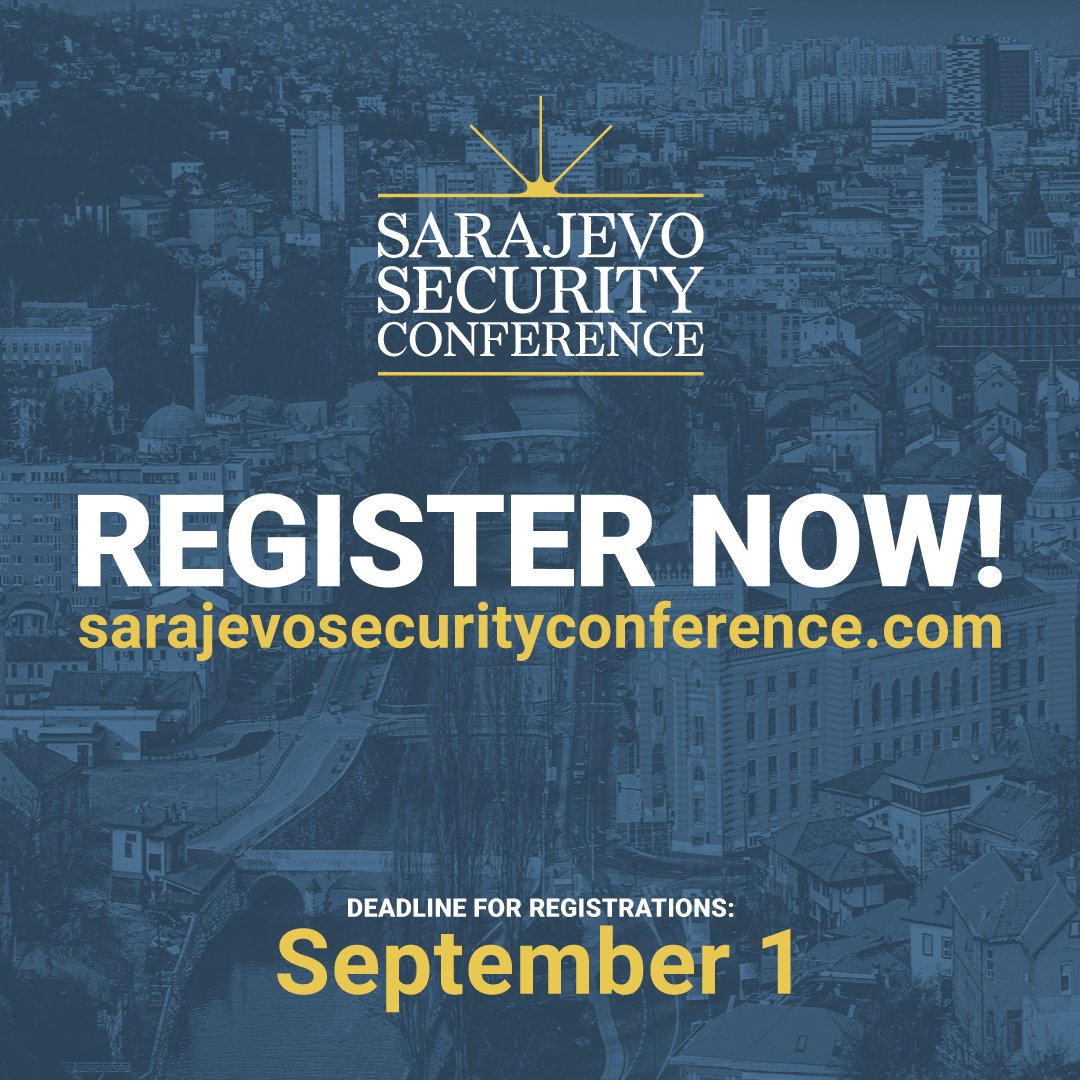 Registrations for the Sarajevo Security Conference are open until September 1st!

Given the high interest in #SSC2024 and the limited spots available, make sure to register on time. Our registrations close on September 1st or as soon as they fill up: bit.ly/3WeScg3