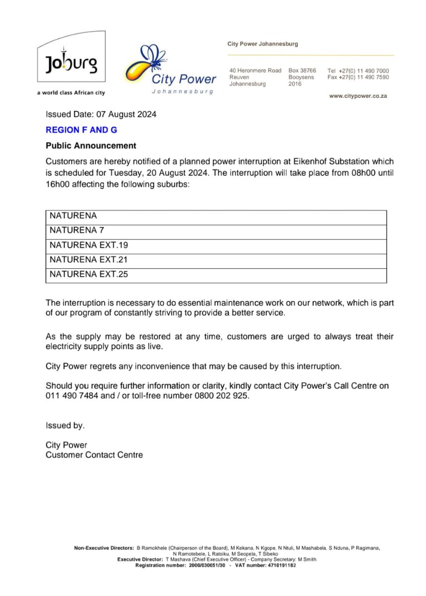 CityPowerJhb's tweet photo. #CityPowerUpdates #RegionF&G
Customers are hereby notified of a planned power interruption at Eikenhof Substation which is scheduled for Tuesday, 20 August 2024. The interruption will take place from 08h00 until 16h00 affecting the following suburbs. ^ZD https://t.co/8Q17u4zKEe