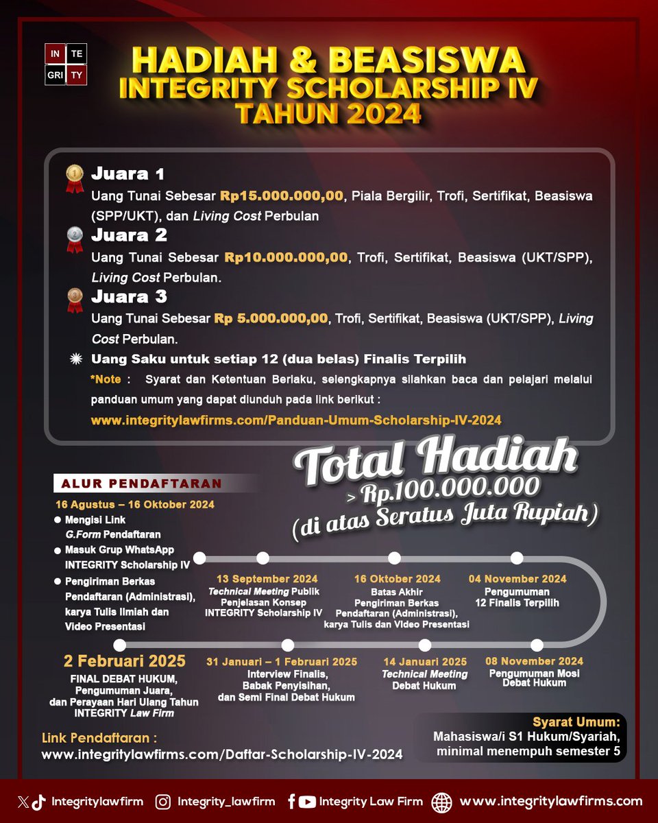 dennyindrayana's tweet photo. Panggilan bagi seluruh Mahasiswa/i Hukum di Indonesia untuk yang ingin mendapatkan beasiswa kuliah 𝘧𝘶𝘭𝘭𝘺 𝘧𝘶𝘯𝘥𝘦𝘥, kesempatan magang, dan berbagai hadiah menarik lainnya.

Segera ikuti INTEGRITY Scholarship IV Tahun 2024 dan catat setiap tanggal pentingnya☝. Ayo, jangan sampai terlewat, 𝗣𝗘𝗡𝗗𝗔𝗙𝗧𝗔𝗥𝗔𝗡 𝗚𝗥𝗔𝗧𝗜𝗦!

Menangkan total hadiah sampai dengan >𝗥𝗽𝟭𝟬𝟬.𝟬𝟬𝟬.𝟬𝟬𝟬 (𝗱𝗶 𝗮𝘁𝗮𝘀 𝗦𝗲𝗿𝗮𝘁𝘂𝘀 𝗝𝘂𝘁𝗮 𝗥𝘂𝗽𝗶𝗮𝗵).

𝗗𝗔𝗙𝗧𝗔𝗥𝗞𝗔𝗡 𝗗𝗜𝗥𝗜 𝗔𝗡𝗗𝗔 𝗦𝗘𝗚𝗘𝗥𝗔!!!

𝗟𝗶𝗻𝗸 𝗣𝗲𝗻𝗱𝗮𝗳𝘁𝗮���𝗮𝗻: https://t.co/kZZRUPJrBb 

𝗟𝗶𝗻𝗸 𝗗𝗼𝘄𝗻𝗹𝗼𝗮𝗱 𝗣𝗮𝗻𝗱𝘂𝗮𝗻 𝗨𝗺𝘂𝗺: https://t.co/viutGMx5jf

Salam Integritas,
𝗜𝗡𝗧𝗘𝗚𝗥𝗜𝗧𝗬 𝙇𝙖𝙬 𝙁𝙞𝙧𝙢