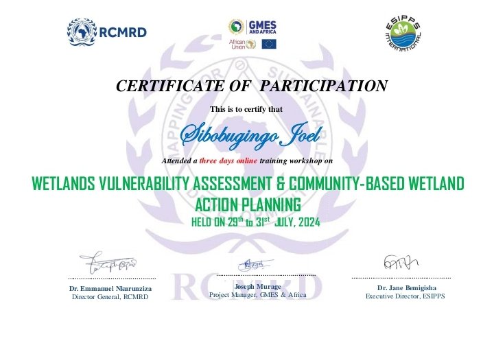 Excited to share that I’ve received a certificate for completing the Wetlands Vulnerability Assessment &amp; Community-Based Wetland Action Planning Online Training, organized by RCMRD in collaboration with <a href="/esipps/">ESIPPS International</a>.