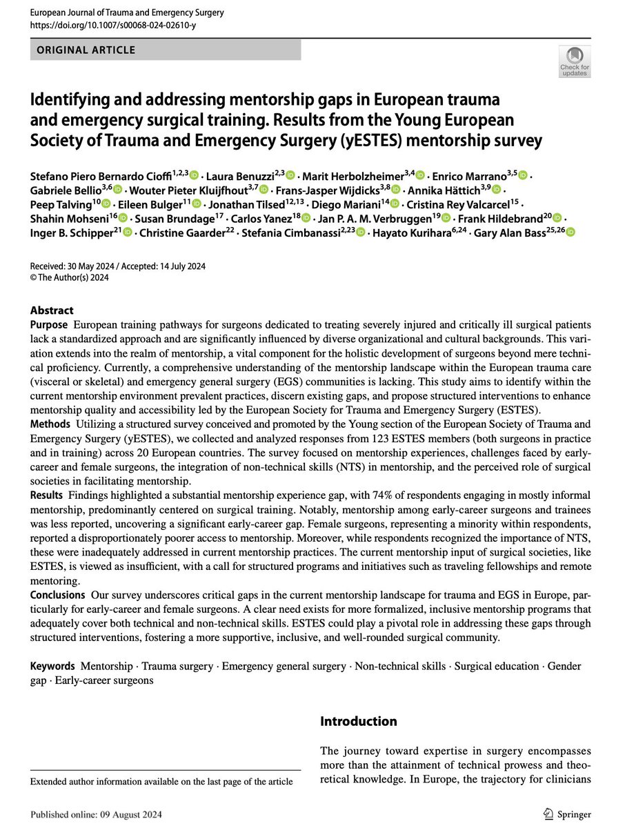 Carlos Yanez MD, MSc, FACS (@carlosyanezciru) on Twitter photo This study from the EJTES underscores critical gaps in the current mentorship landscape for trauma and EGS in Europe, particularly for early career and female surgeons. A clear need exists for more formalized, inclusive mentorship programs.
<a href="/aecirujanos/">aecirujanos</a> <a href="/estesonline/">European Society for Trauma & Emergency Surgery</a> This study from the EJTES underscores critical gaps in the current mentorship landscape for trauma and EGS in Europe, particularly for early career and female surgeons. A clear need exists for more formalized, inclusive mentorship programs.
<a href="/aecirujanos/">aecirujanos</a> <a href="/estesonline/">European Society for Trauma & Emergency Surgery</a>