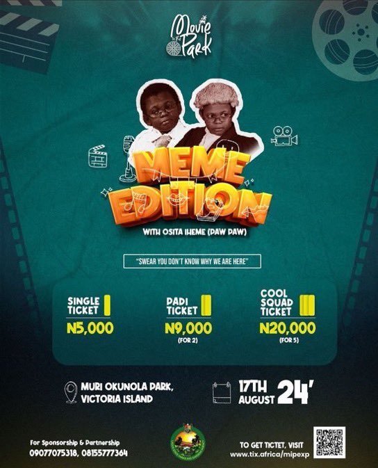 TheSilvapr's tweet photo. A meme themed party, with free drinks and snacks and lots of giveaways, to crown it all, you get to watch pawpaw classic from years ago, you don’t want to miss it 💯 #MIPMemeEdition https://t.co/Zo824Ctng0