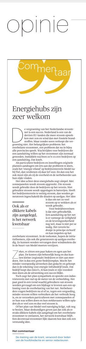 Goed dat <a href="/trouw/">Trouw</a> noodzaak energiehubs op bedrijventerreinen in redactioneel commentaar agendeert <a href="/skbn_info/">SKBN</a>. Mooi als <a href="/MinisterKGG/">Sophie Hermans</a> extra impuls vanuit Rijk kan geven.