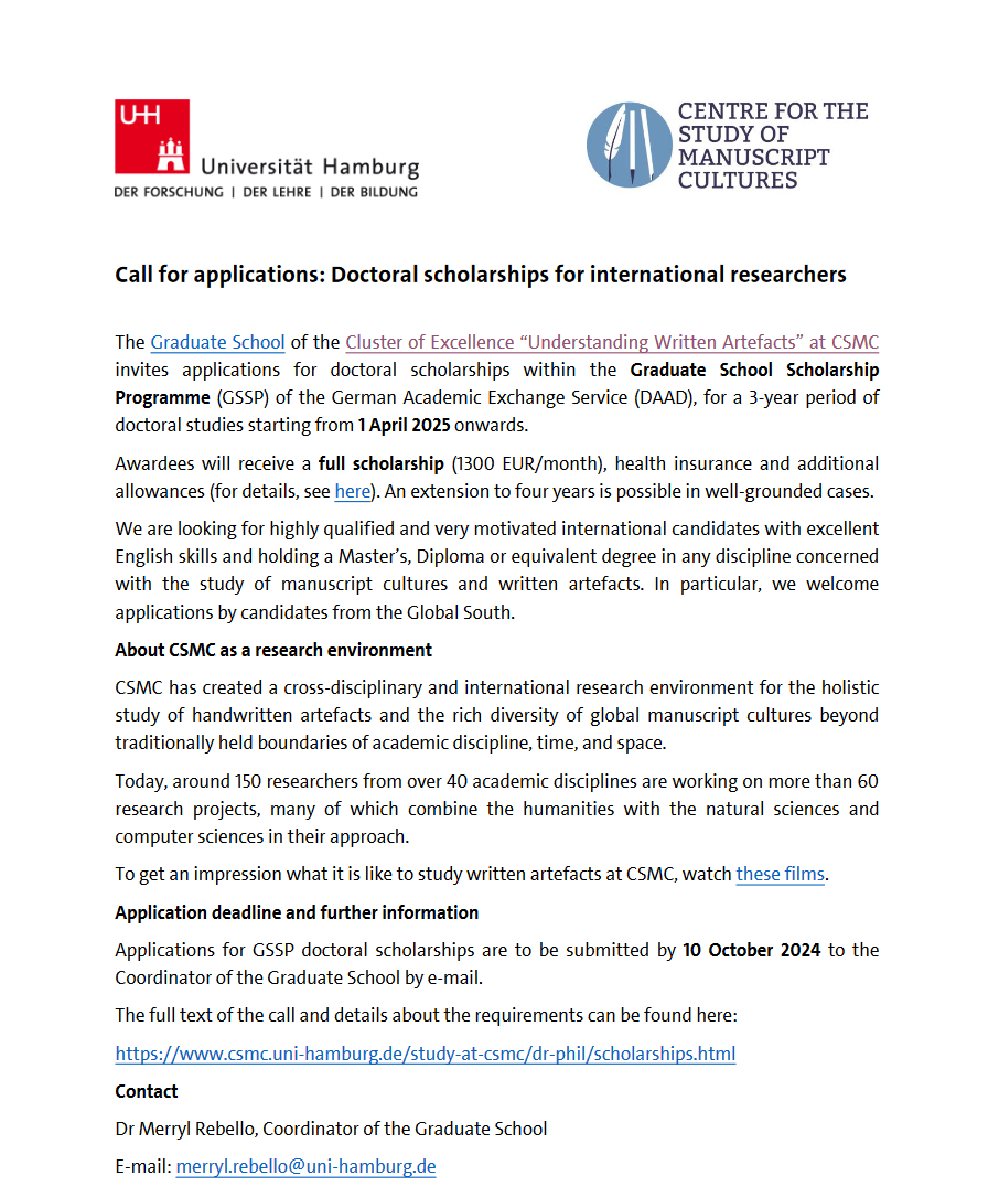 Do your PhD in #Manuscript Cultures with us!
Our Grad School invites applications for full #PhD #scholarships (3 years, 1300 EUR/month + allowances) in the Scholarship  Programme of the German Academic Exchange Service <a href="/DAAD_Germany/">DAAD News</a>.
Application deadline: 10 Oct 2024