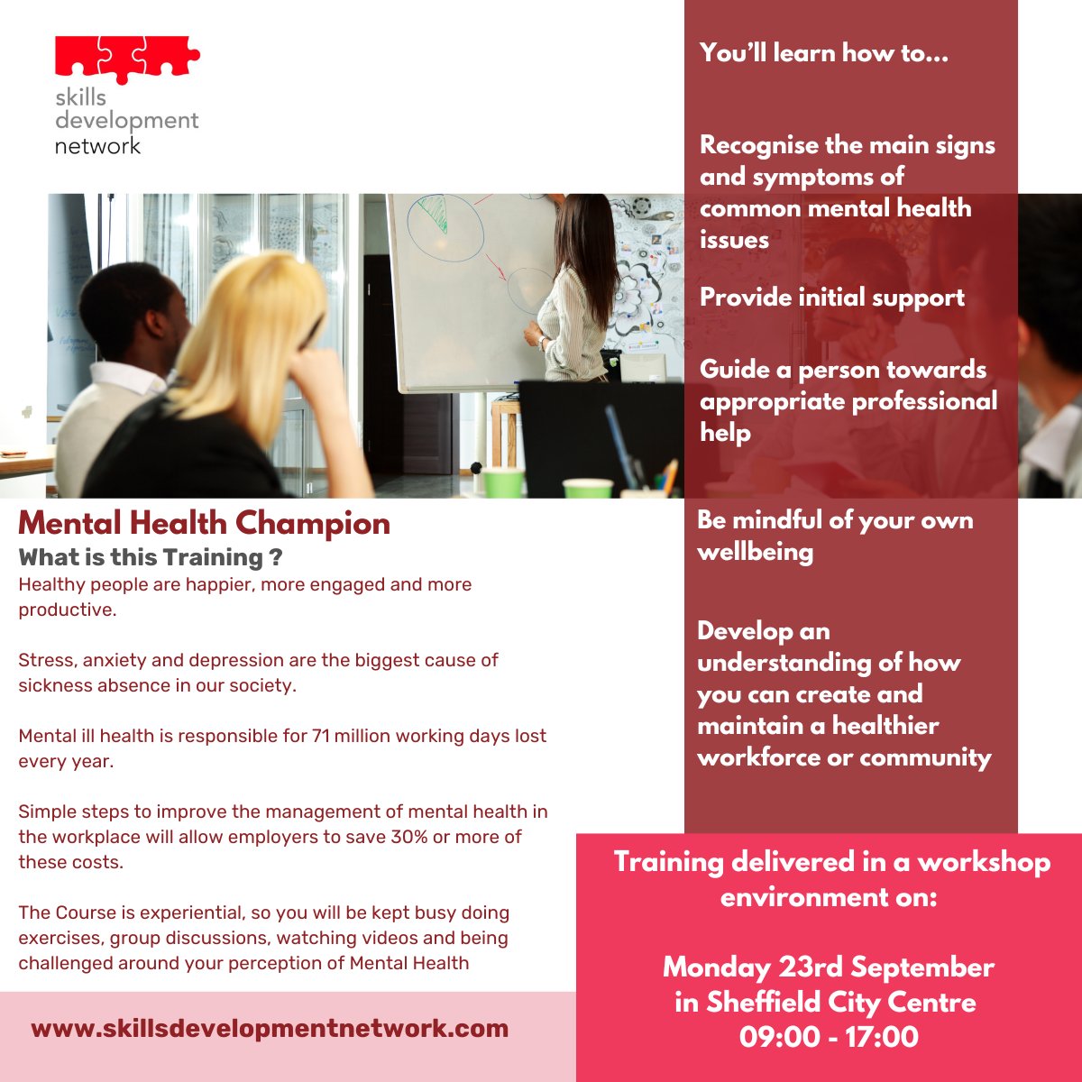 We delivered a new course "Mental Health Champion" in Leeds back in June &amp; received some fantastic feedback,

We have set up another edition of this great training, it will be held on 23rd September in Sheffield please visit our website for all the details and to book your slot