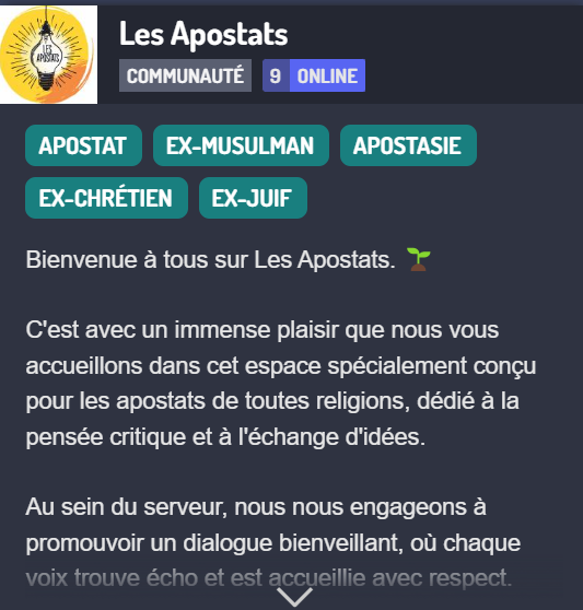 exmus_muse's tweet photo. @filleslilith a crée un serveur pour les ex- croyants,  espace où les valeurs humanistes et universalistes prévalent et où le racolage politique n'a pas de place
Si vous êtes apostats et/ou athée, pour être soutenu ou soutenir
#apostasie #apostats
lien 👇https://t.co/1okdjplrqp https://t.co/MH5TXy4SLa