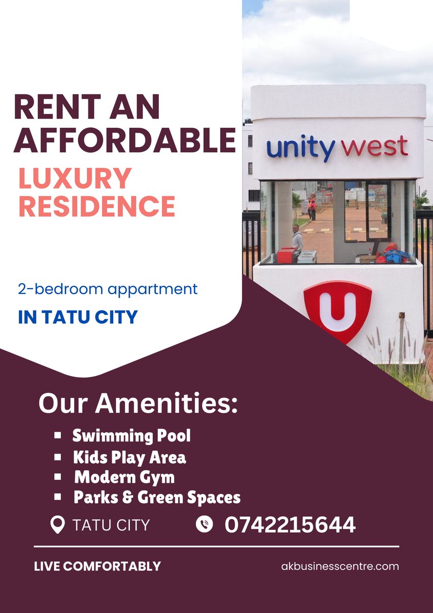 AkbNairobi's tweet photo. Enjoy luxurious living hapa Unity West,Tatu City a place with all the amenities you need. Call/WhatsApp 0742215644 to find out more.
https://t.co/glasdxwwRa
#Mpox #monkeypox #mpesa #watermelon #malala #PadreNiMwizi #ggmu the premier league #mobius #resign cecily mbarire https://t.co/Mhhey1dREw