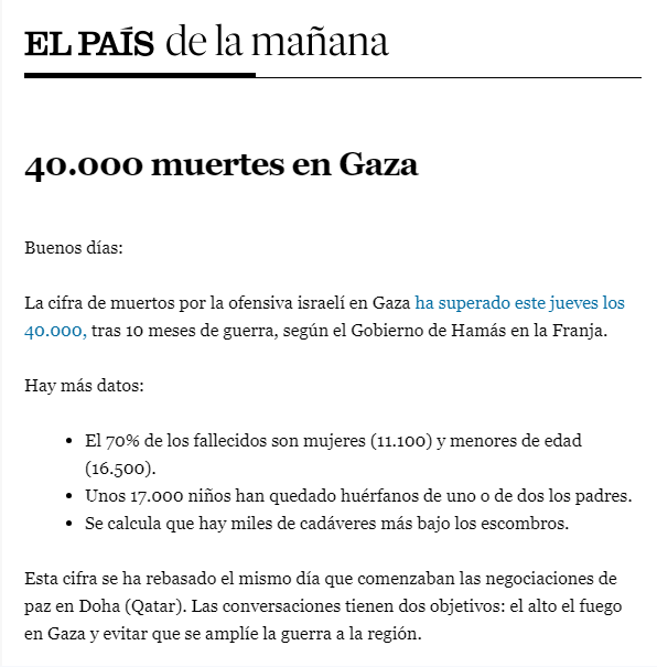 JMAlbertos's tweet photo. «40.000 muertes en Gaza. ELPAÍS de la Mañana, 16-08-24» Negociaciones, conversaciones con dos objetivos: 2º) Alto el fuego en Gaza y 3º) Evitar que se amplíe la guerra a la región ¿Y con el 1º) La situación penal dentro y fuera de ISRAEL de NETANYAHU?…¿?... https://t.co/Jm3r7uwvOk