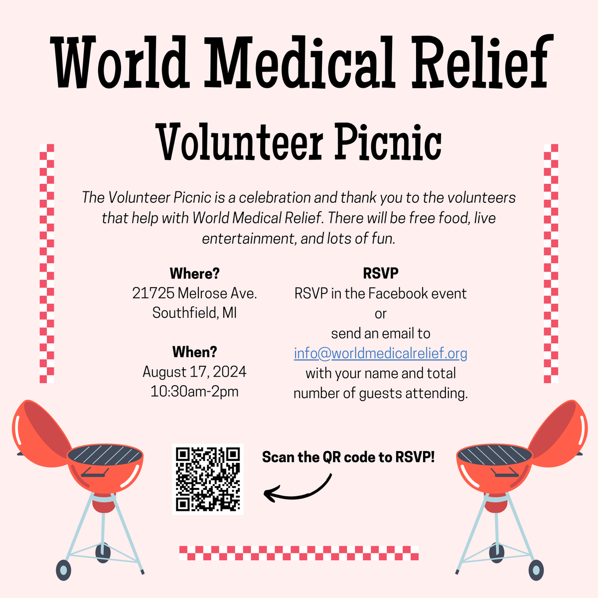 WorldMedRelief's tweet photo. The volunteer picnic is tomorrow! There is a probability of rain. If it does rain, the picnic will go on and we will move the celebration indoors! https://t.co/x3Tokthw05