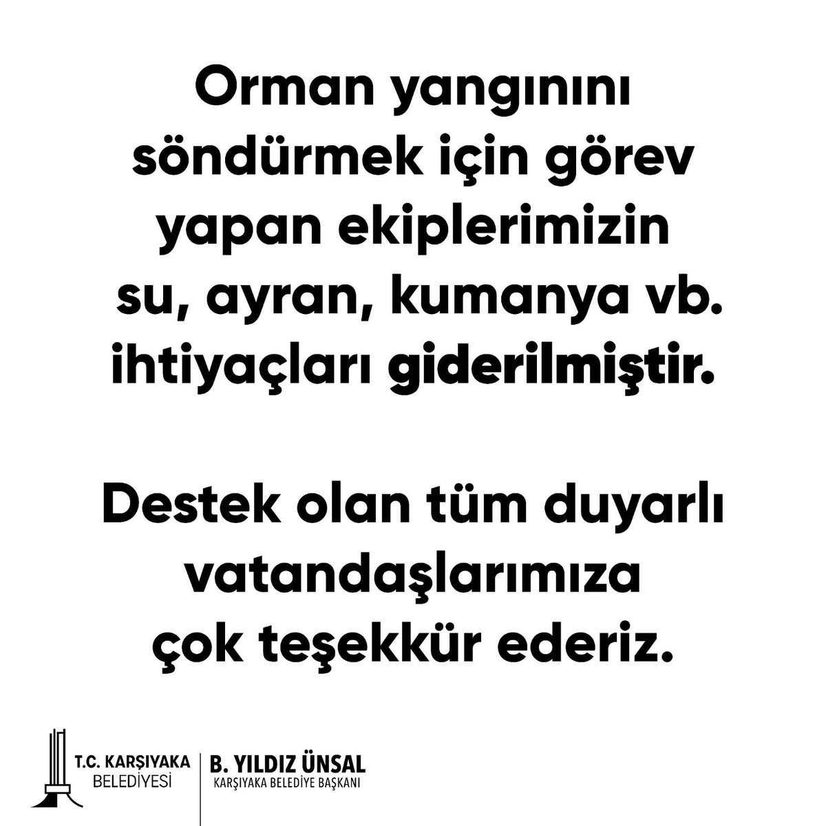karsiyaka_bel's tweet photo. Orman yangınını söndürmek için görev yapan ekiplerimizin su, ayran, kumanya vb. ihtiyaçları giderilmiştir.

Destek olan tüm duyarlı vatandaşlarımıza çok teşekkür ederiz. https://t.co/Uw91OH5Q5y