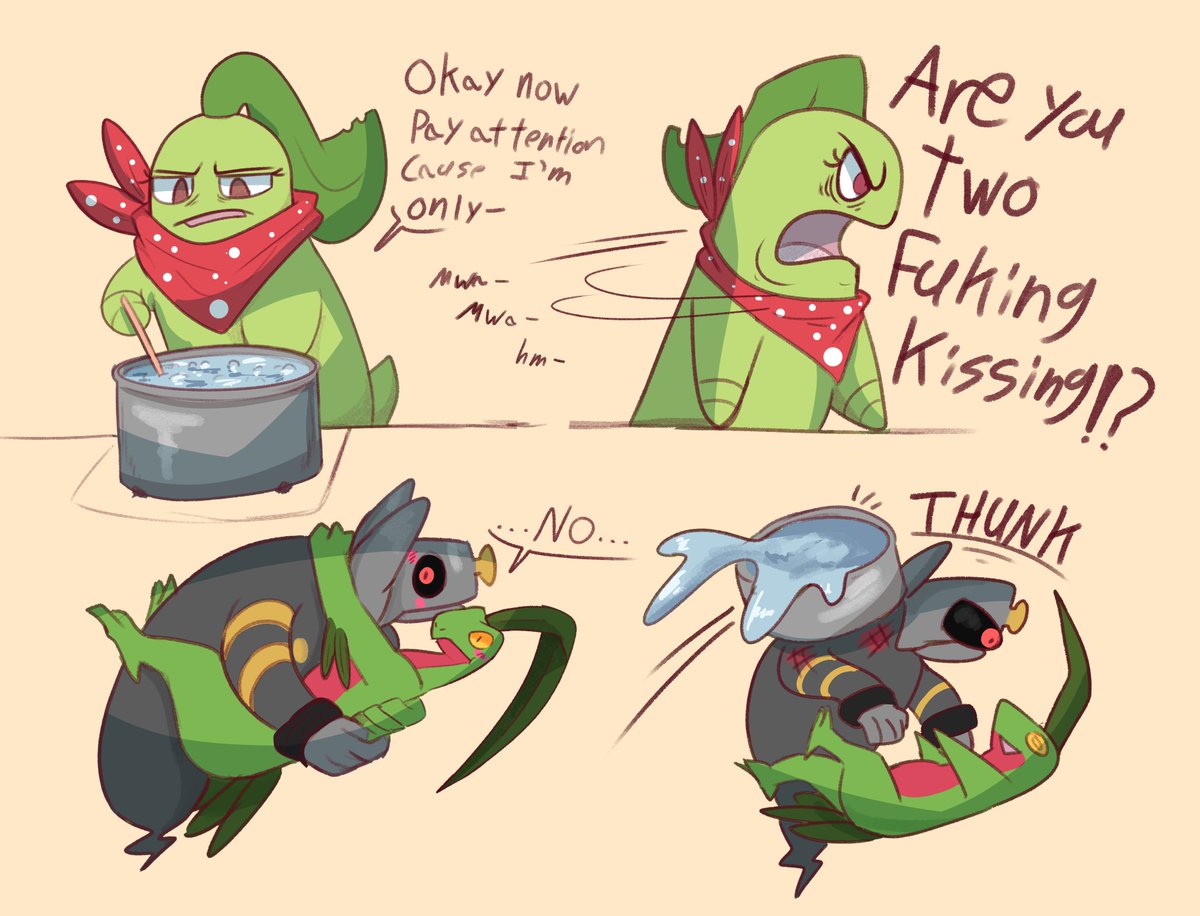 GoopyArt's tweet photo. Chikorita teaches Dusknoir how to make pasta https://t.co/98Kx1lpDga