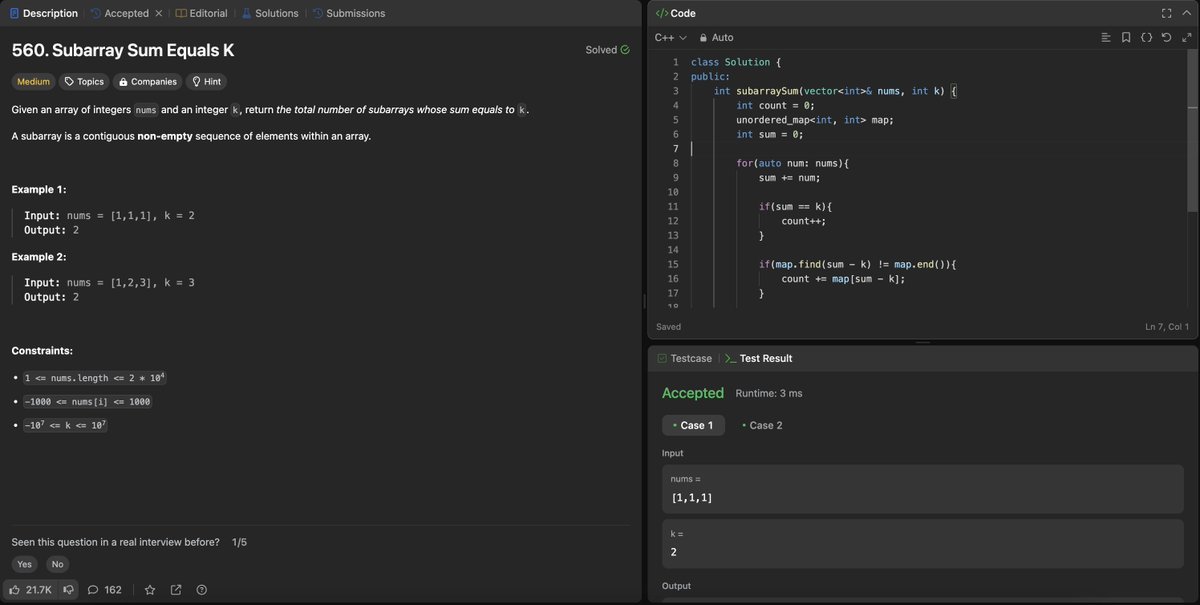 priyaamm's tweet photo. DAY 36:

#DSA 

Solved 3 questions:

567. Permutation in String
560. Subarray Sum Equals K
559. Maximum Depth of N-ary Tree

#100daysofcodechallenge #100daysofcoding #100DaysOfCode #buildinpublic #LearnInPublic #learningtree #leetcode #Google #Interviews #CodingJourney https://t.co/rFtlfK5rmE