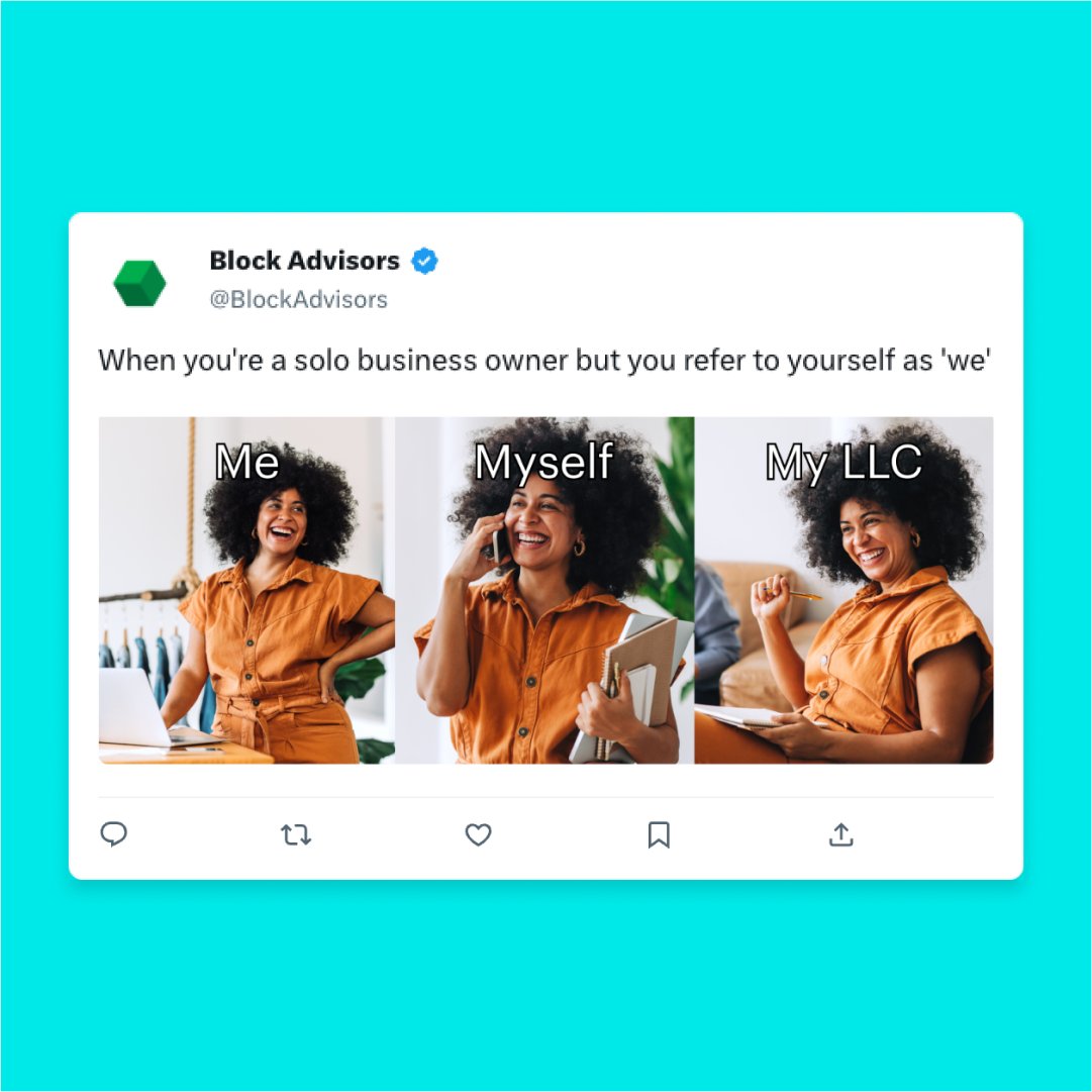 Even though running a business can make "we" feel like just me, myself and my LLC, you don't have to go it alone! Let Block Advisors free up your plate to do more of the things you love. 👉 blockadvisors.us/LLCs