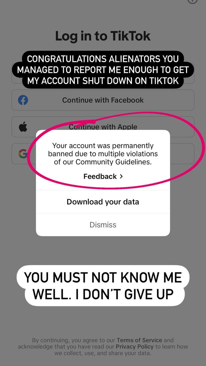 Mass reporting of my TikTok account has led to the suspension of my account for a few days, and now the BANNING of my account... all so I can’t reach alienated kids

If you didn’t think this was a war between good &amp; evil, think again