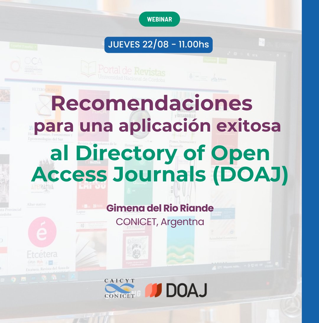BoletinSAI's tweet photo. 22 de agosto de 2024
Webinar: Recomendaciones para una aplicación exitosa al Directory of Open Access Journals DOAJ (CAICYT)
Inscripción: https://t.co/Fzusc81Qlo https://t.co/JxLqWULmhw