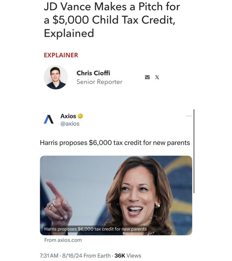 vances_wins's tweet photo. NEW: First, Kamala Harris stole Trump's No Tax on Tips. Now, she is ALSO coming for JD Vance's Child Tax Credit policy. Reminder that she still has shared ZERO of her own policies with the American people! https://t.co/PYhOYKgnvt