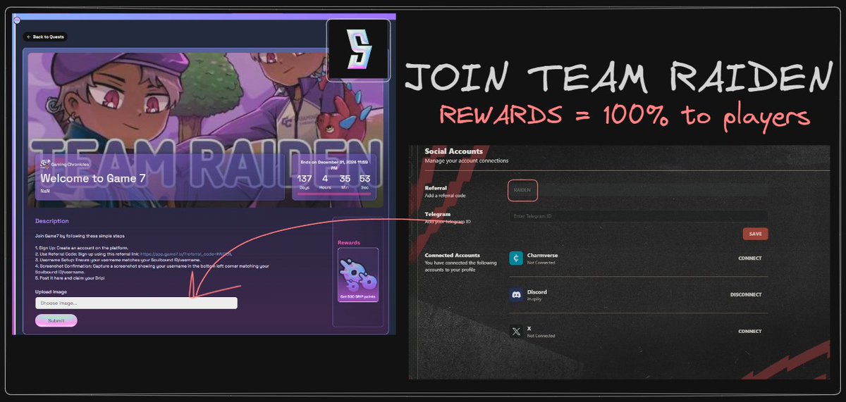 raidenkrn's tweet photo. As you know, i'm currently pushing the Raiden / Gaming Chronicles team on Game 7

I got a DM from the @Soulbound_GG &amp; partnered with them to host a quest on their platform around it!

1️⃣ Join our G7 team (referral: RAIDEN)
2️⃣ Submit it on Soulbound

🔗 : https://t.co/fetpn7Xw4S https://t.co/VPh2cHO4vO