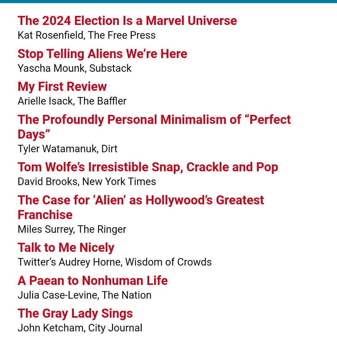 realclearbooks.com
Friday reads: <a href="/katrosenfield/">Kat Rosenfield</a> for <a href="/TheFP/">The Free Press</a>, @distraughtemoji for <a href="/thebafflermag/">The Baffler</a>, <a href="/tylerwatamanuk/">Tyler Watamanuk</a> for <a href="/dirtyverse/">Dirt</a>, <a href="/credenzaclear2/">Audrey Horne Online</a> for <a href="/WCrowdsLive/">Wisdom of Crowds</a>, <a href="/jcaselevine/">Julia Case-Levine</a> for <a href="/thenation/">The Nation</a>, <a href="/JKetcham91/">John Ketcham</a> for <a href="/CityJournal/">City Journal</a>, and many others.