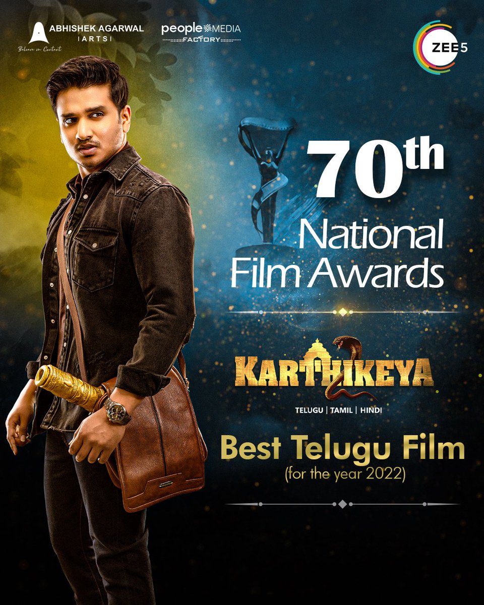 ZEE5 Telugu (@zee5telugu) on Twitter photo Congratulations Team #Karthikeya2 on bagging the award for the BEST FILM in TELUGU at the prestigious 70th National Film Awards 🥳
#Karthikeya2OnZee5 #NationalFilmAwards
<a href="/actor_Nikhil/">Nikhil Siddhartha</a> <a href="/anupamahere/">Anupama Parameswaran</a> <a href="/harshachemudu/">harsha chemudu</a> <a href="/chandoomondeti/">chandoo mondeti</a> Congratulations Team #Karthikeya2 on bagging the award for the BEST FILM in TELUGU at the prestigious 70th National Film Awards 🥳
#Karthikeya2OnZee5 #NationalFilmAwards
<a href="/actor_Nikhil/">Nikhil Siddhartha</a> <a href="/anupamahere/">Anupama Parameswaran</a> <a href="/harshachemudu/">harsha chemudu</a> <a href="/chandoomondeti/">chandoo mondeti</a>